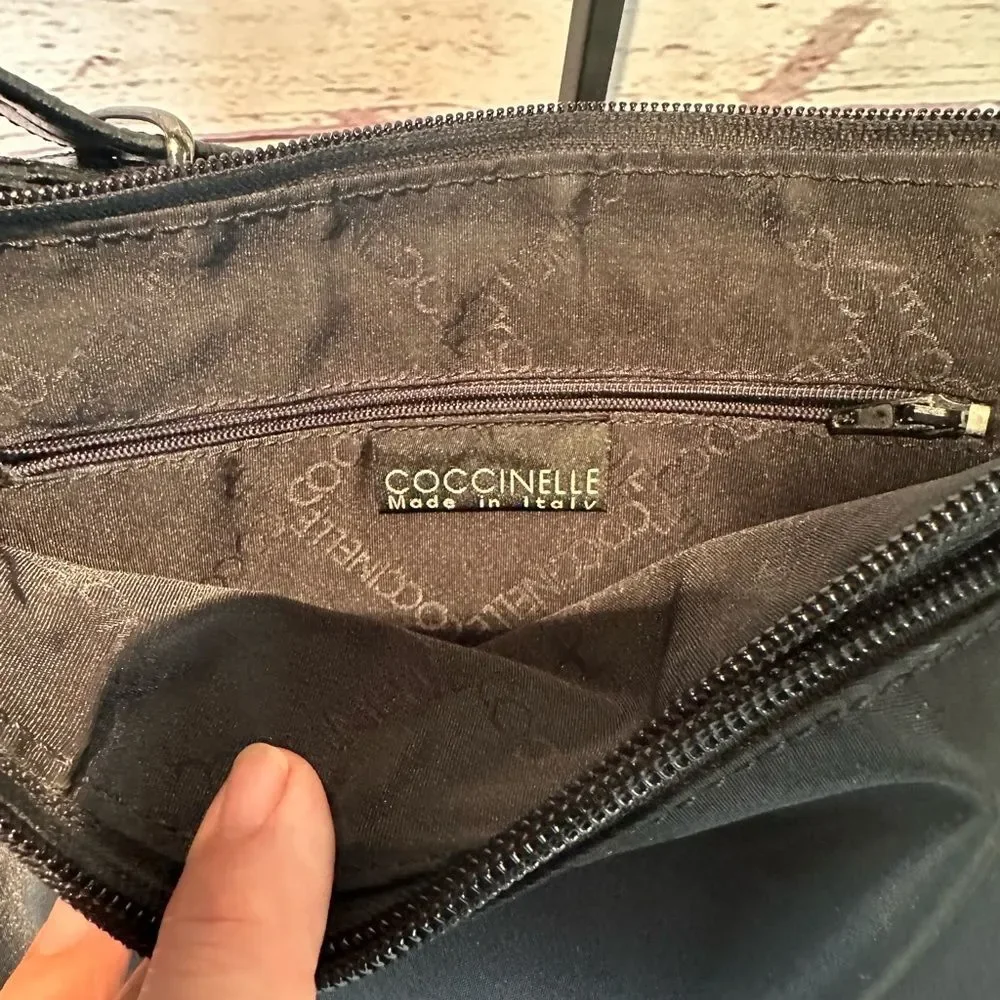 Coccinelle Black Leather and Nylon 3 Compartment Zip Shoulder Bag Made in Italy